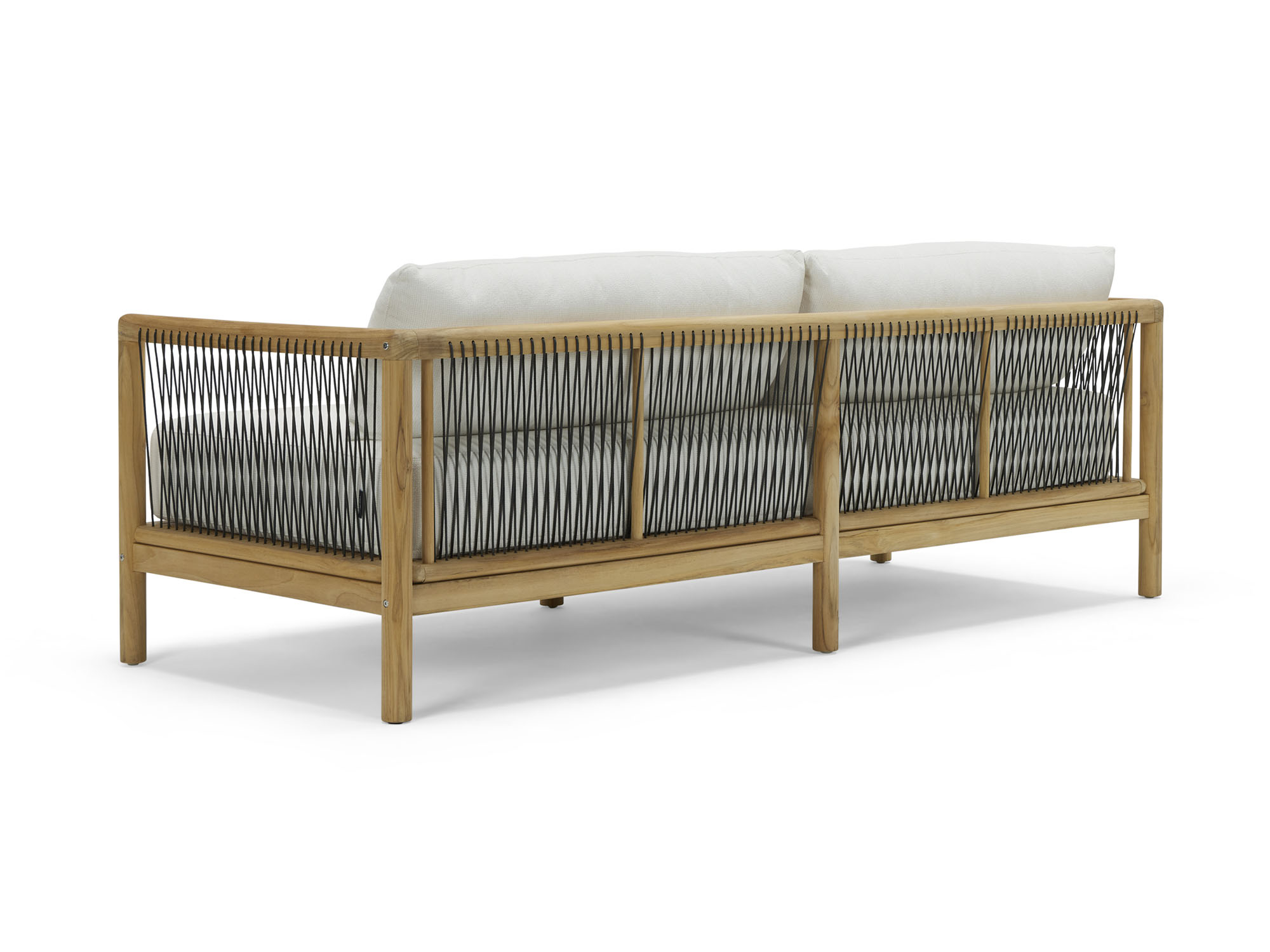 Back angle view of two seat outdoor sofa with white cushions